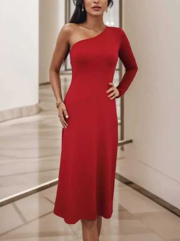 Women's Long Sleeve One Shoulder Detail Crepe Dress - 6