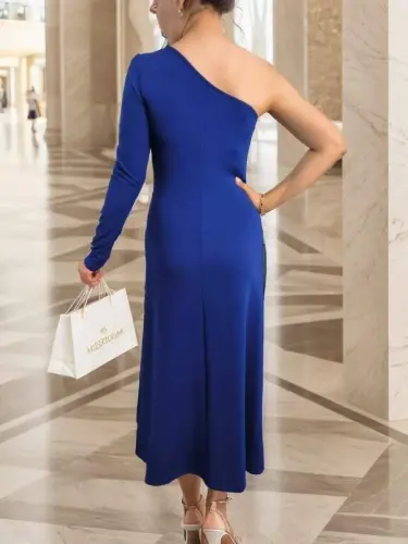 Women's Long Sleeve One Shoulder Detail Crepe Dress - 7