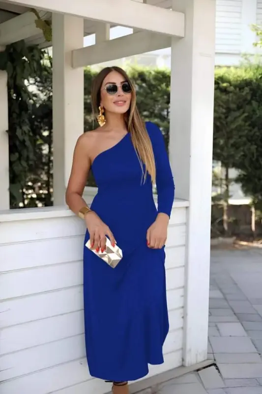 Women's Long Sleeve One Shoulder Detail Crepe Dress - BÜYÜKBEDENIZ