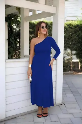Women's Long Sleeve One Shoulder Detail Crepe Dress - BÜYÜKBEDENIZ (1)