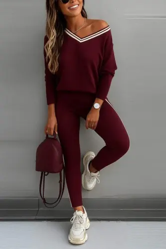 Women's Long Sleeve One Shoulder Detail Viscose Two Thread Blouse and Pants Set - 1