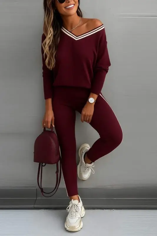 Women's Long Sleeve One Shoulder Detail Viscose Two Thread Blouse and Pants Set - 1