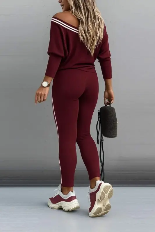 Women's Long Sleeve One Shoulder Detail Viscose Two Thread Blouse and Pants Set - 2