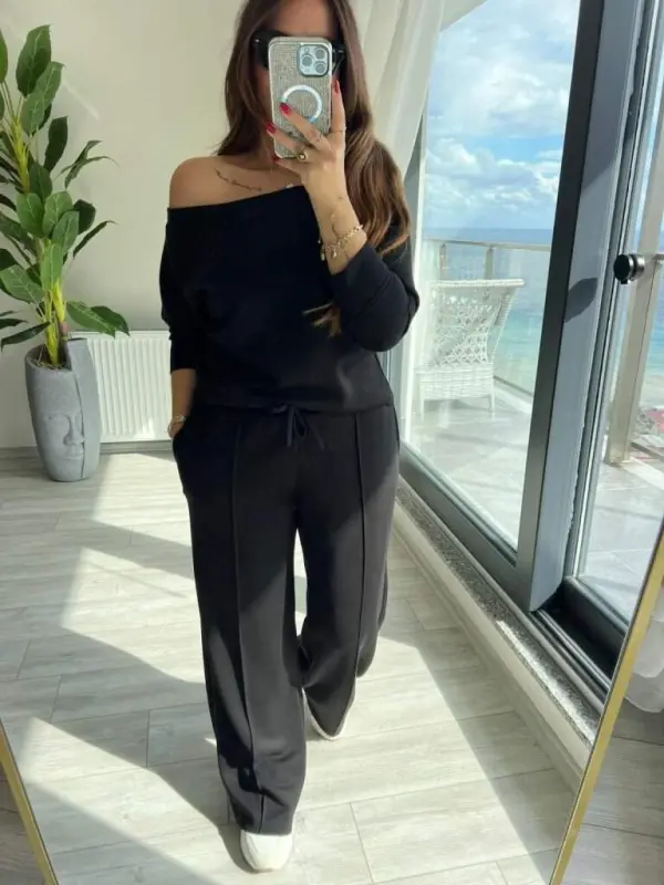 Women's Long Sleeve One-Shoulder Modal Blouse and Pants Two-Piece Set - 2