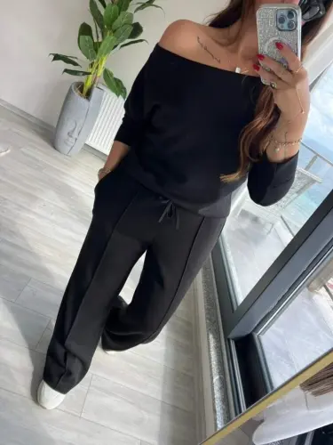 Women's Long Sleeve One-Shoulder Modal Blouse and Pants Two-Piece Set - 3