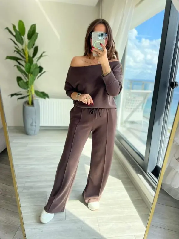 Women's Long Sleeve One Shoulder Open Modal Blouse And Pants Two-Piece Set - 2