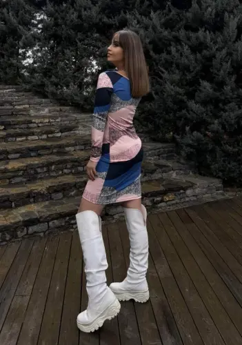 Women's Long Sleeve One Shoulder Strap Buckle Detailed Short Scuba Dress - 8