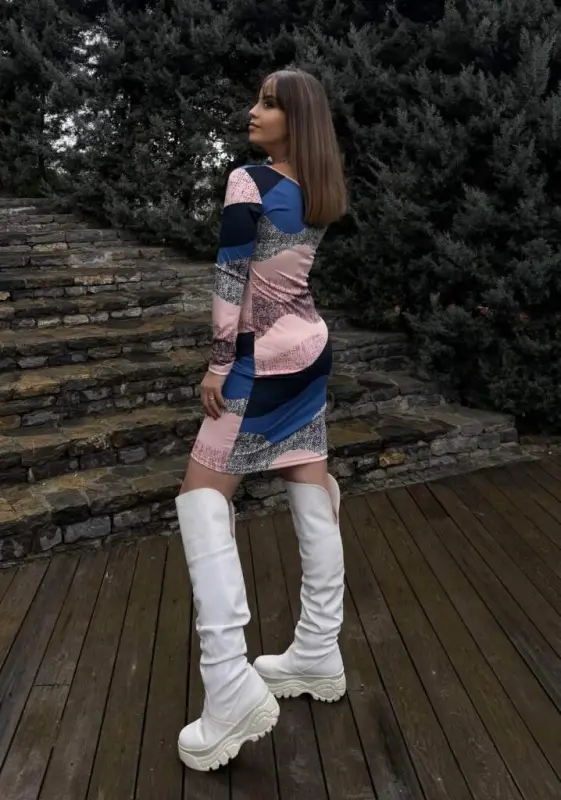 Women's Long Sleeve One Shoulder Strap Buckle Detailed Short Scuba Dress - 8