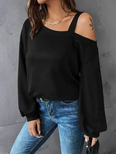 Women's Long Sleeve One Shoulder Strap Detail Loose Viscose Two Thread Blouse - 1