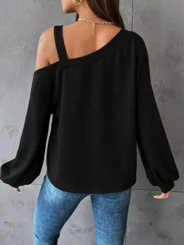 Women's Long Sleeve One Shoulder Strap Detail Loose Viscose Two Thread Blouse - BÜYÜKBEDENIZ (1)