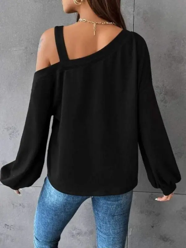 Women's Long Sleeve One Shoulder Strap Detail Loose Viscose Two Thread Blouse - 2