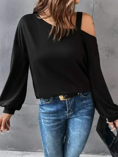 Women's Long Sleeve One Shoulder Strap Detail Loose Viscose Two Thread Blouse - 3