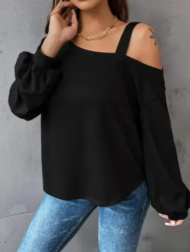 Women's Long Sleeve One Shoulder Strap Detail Loose Viscose Two Thread Blouse - 4