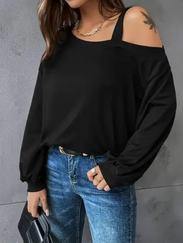 Women's Long Sleeve One Shoulder Strap Detail Loose Viscose Two Thread Blouse - 5