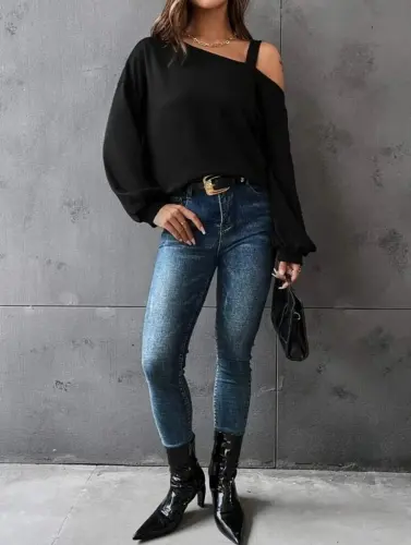 Women's Long Sleeve One Shoulder Strap Detail Loose Viscose Two Thread Blouse - 6