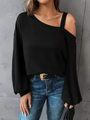 Women's Long Sleeve One Shoulder Strap Detail Loose Viscose Two Thread Blouse - 7