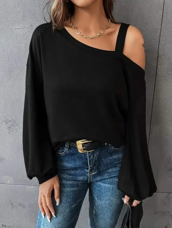 Women's Long Sleeve One Shoulder Strap Detail Loose Viscose Two Thread Blouse - 7