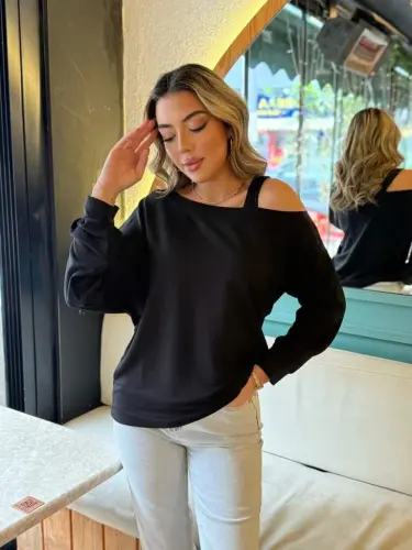 Women's Long Sleeve One Shoulder Strap Detail Loose Viscose Two Thread Blouse - 12