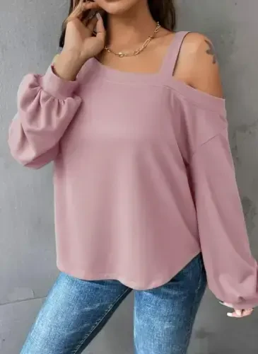 Women's Long Sleeve One Shoulder Strap Detail Slouchy Scuba Blouse - 1