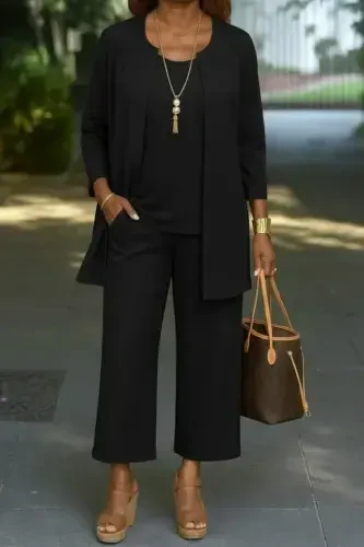 Women's Long Sleeve Open Front Modal Jacket Sleeveless Viscose Two Thread Blouse and Pants Three Piece Set - 1