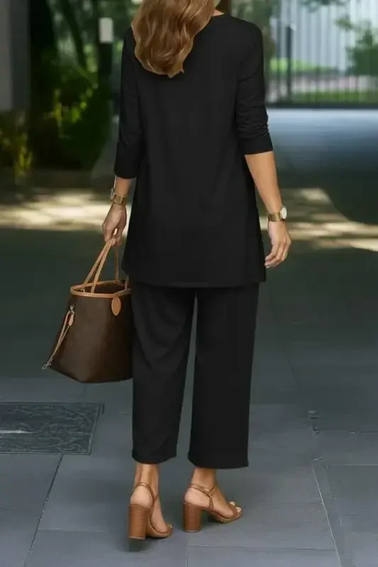 Women's Long Sleeve Open Front Modal Jacket Sleeveless Viscose Two Thread Blouse and Pants Three Piece Set - 2