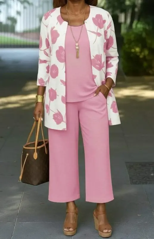 Women's Long Sleeve Open Front Modal Jacket Sleeveless Viscose Two Thread Blouse and Pants Three Piece Set - BÜYÜKBEDENIZ