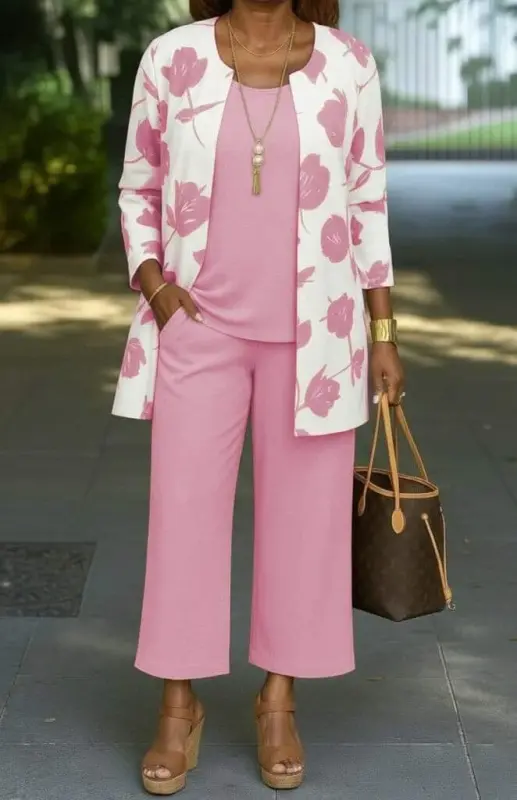 Women's Long Sleeve Open Front Modal Jacket Sleeveless Viscose Two Thread Blouse and Pants Three Piece Set - 3