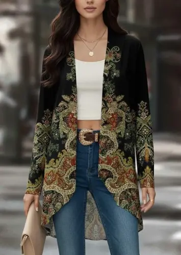 Women's Long Sleeve Open Front Patterned Sherpa Lined Scuba Jacket - 1