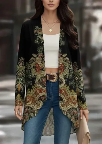 Women's Long Sleeve Open Front Patterned Sherpa Lined Scuba Jacket - 3