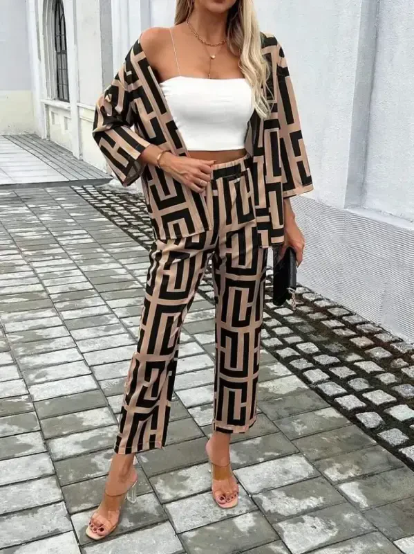 Women's Long Sleeve Open Front Patterned Two Thread Jacket and Pants Set - BÜYÜKBEDENIZ