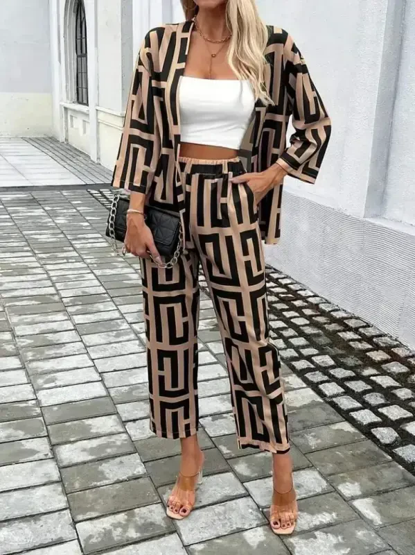 Women's Long Sleeve Open Front Patterned Two Thread Jacket and Pants Set - 2