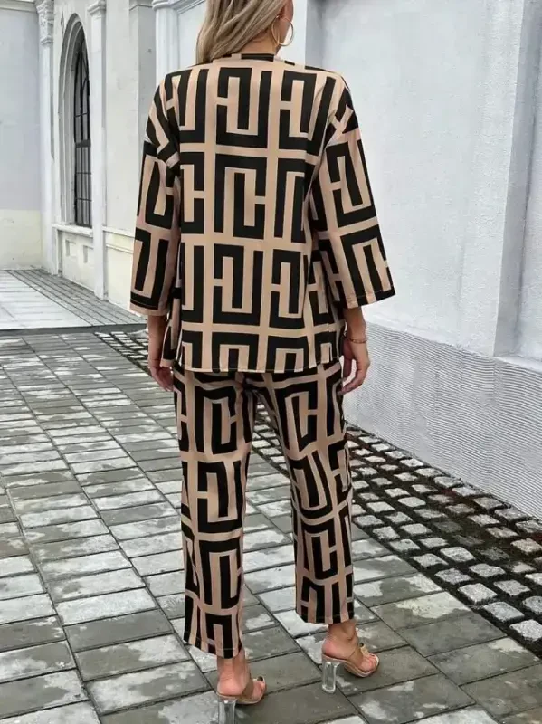 Women's Long Sleeve Open Front Patterned Two Thread Jacket and Pants Set - 4