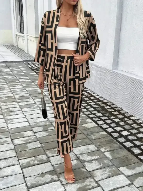 Women's Long Sleeve Open Front Patterned Two Thread Jacket and Pants Set - 5