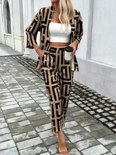Women's Long Sleeve Open Front Patterned Two Thread Jacket and Pants Set - 6