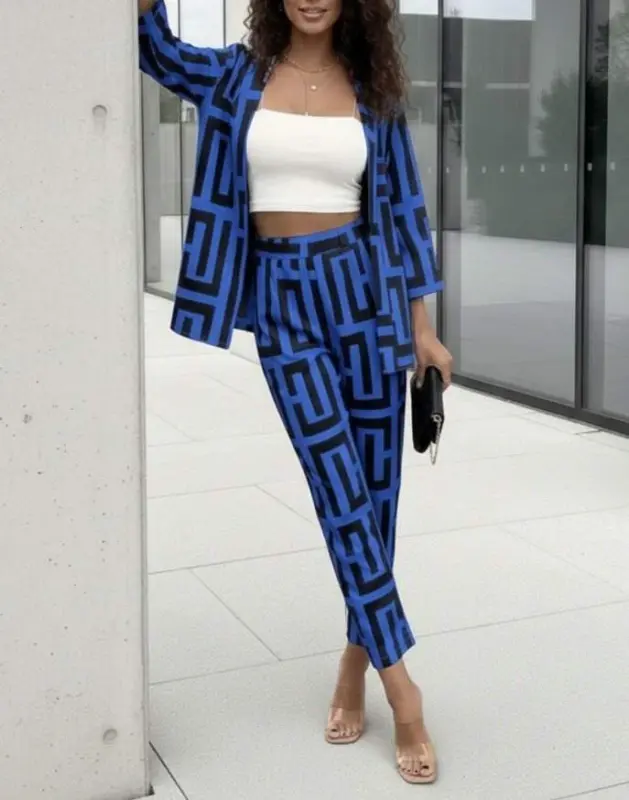 Women's Long Sleeve Open Front Patterned Two Thread Jacket and Pants Set - BÜYÜKBEDENIZ
