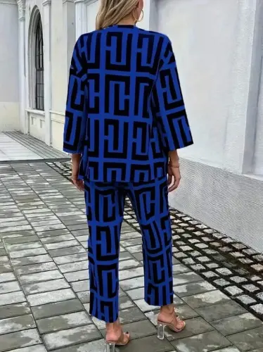 Women's Long Sleeve Open Front Patterned Two Thread Jacket and Pants Set - 4