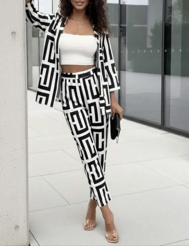 Women's Long Sleeve Open Front Patterned Two Thread Jacket and Pants Set - 1