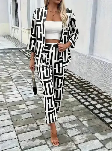 Women's Long Sleeve Open Front Patterned Two Thread Jacket and Pants Set - 3