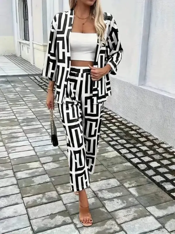 Women's Long Sleeve Open Front Patterned Two Thread Jacket and Pants Set - 3