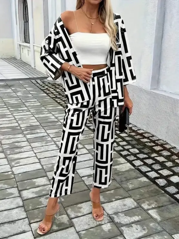 Women's Long Sleeve Open Front Patterned Two Thread Jacket and Pants Set - 4