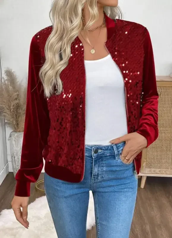 Women's Long Sleeve Open Front Sequined Velvet Jacket - 1