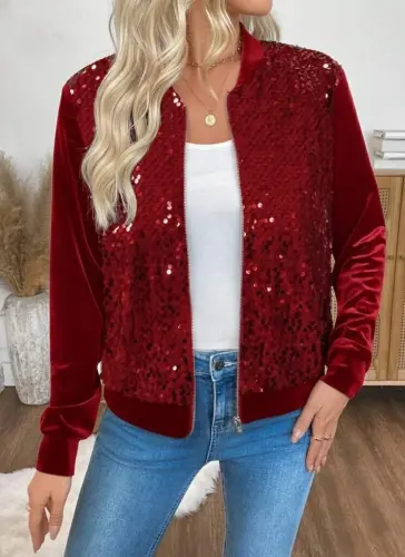 Women's Long Sleeve Open Front Sequined Velvet Jacket - BÜYÜKBEDENIZ (1)