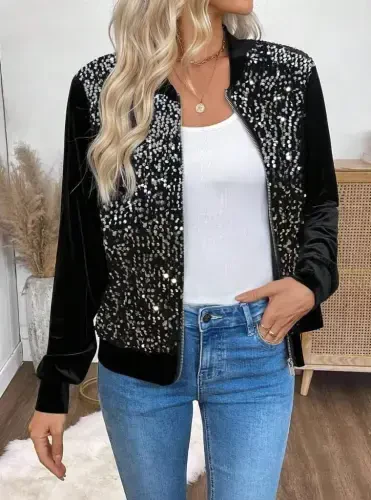 Women's Long Sleeve Open Front Sequined Velvet Jacket - 1