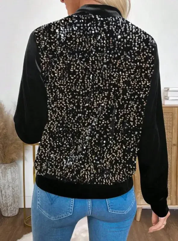 Women's Long Sleeve Open Front Sequined Velvet Jacket - 3