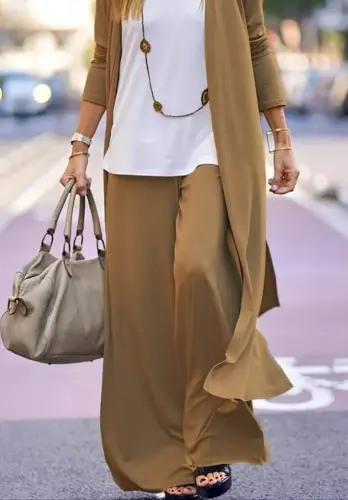 Women's Long Sleeve Open Front Viscose Jacket and Pants Set - 3