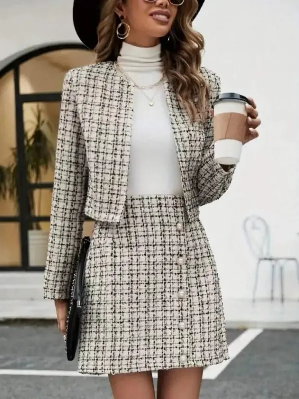 Women's Long Sleeve Open Front Woven Jacket and Mini Skirt Two-Piece Set - BÜYÜKBEDENIZ