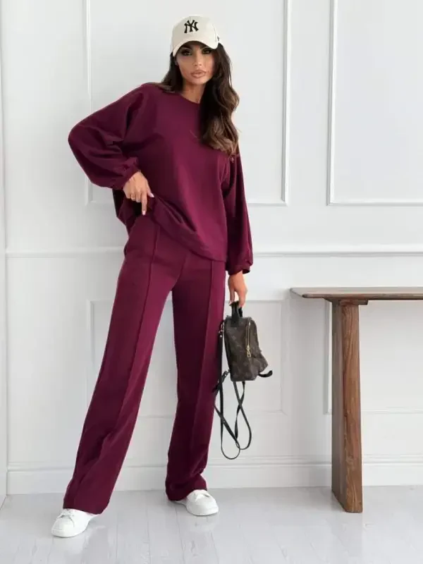 Women's Long Sleeve Oversize Modal Blouse And Pants Set - 1