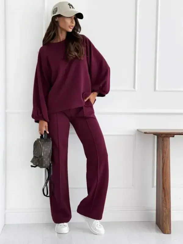 Women's Long Sleeve Oversize Modal Blouse And Pants Set - 3