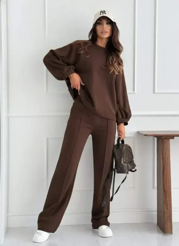 Women's Long Sleeve Oversized Modal Blouse And Pants Set - 1
