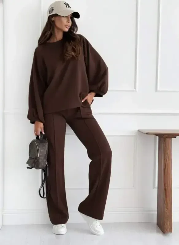 Women's Long Sleeve Oversized Modal Blouse And Pants Set - 3